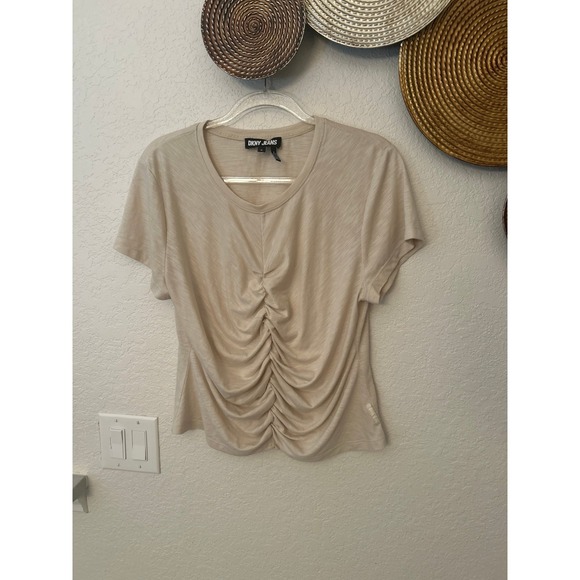 Dkny Tops - DKNY Beige Ruched Ribbed Short Sleeve Tee XL